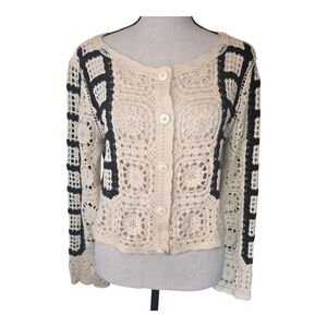 En Crème Open Knit Crocheted Cardigan – OS Small Cream & Black Cottagecore